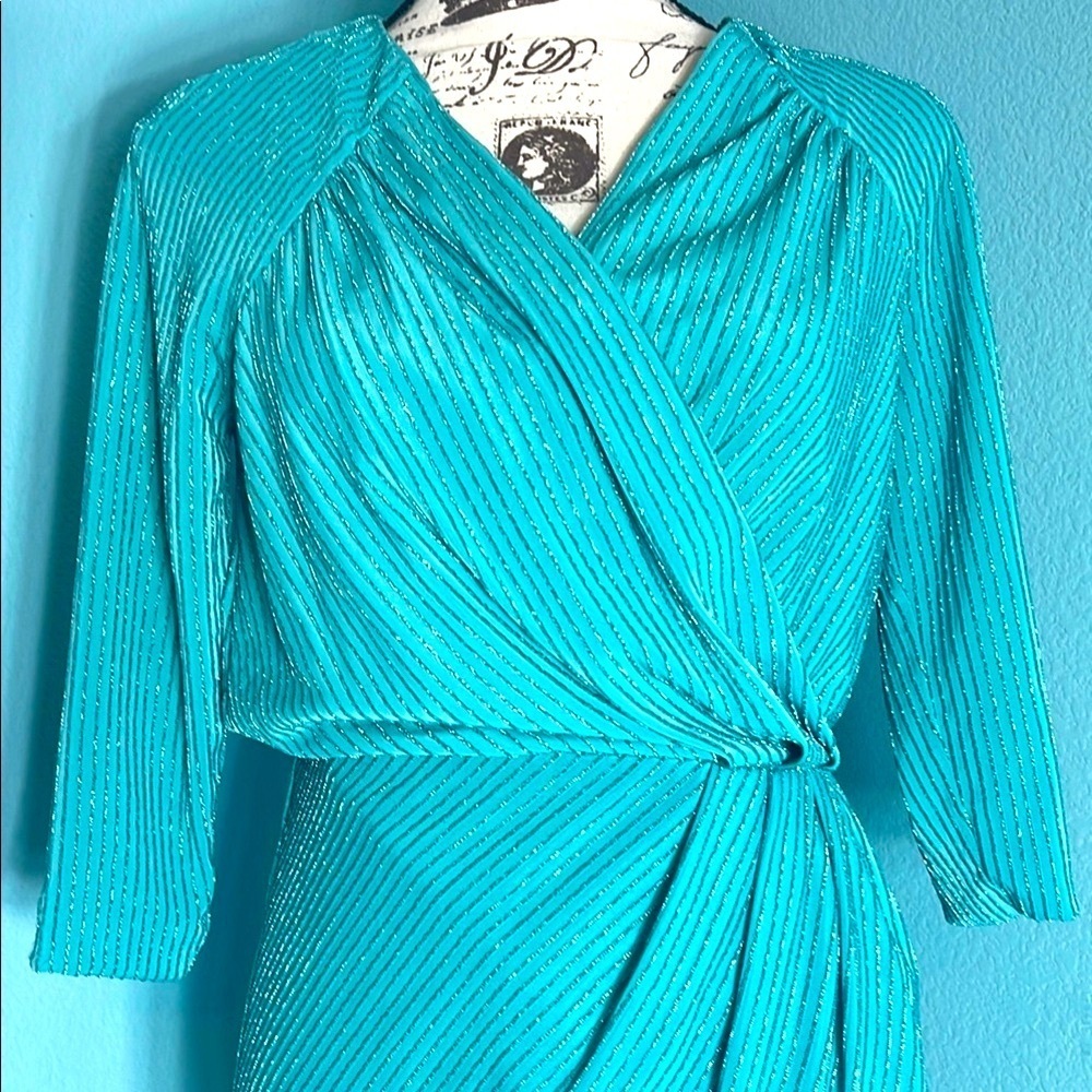 GUESS Metallic Tiffany Blue Ruched Wrap Mini Dress Prom Party Small $98 Retail - Picture 3 of 17